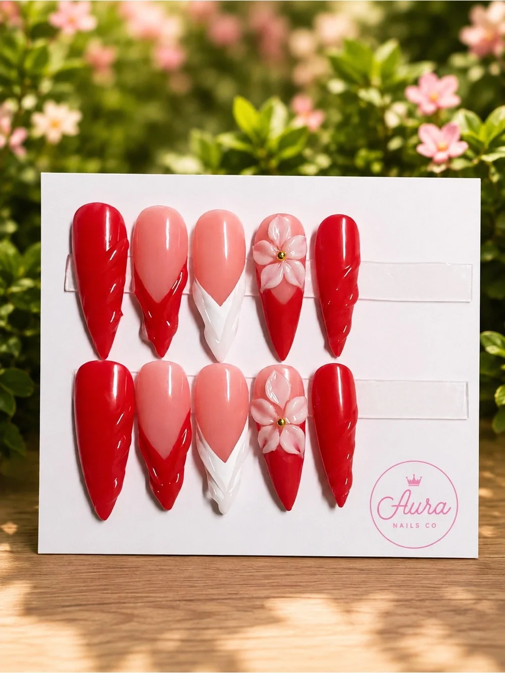 Red & Pink Press-On Nail Set with Floral Accent
